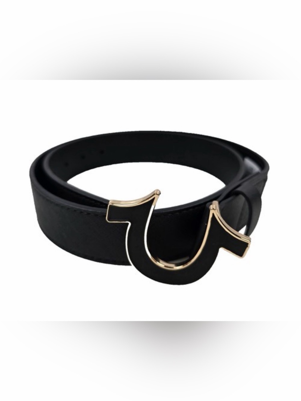 True Religion Black Leather Belt with Gold-Trim Signature Buckle